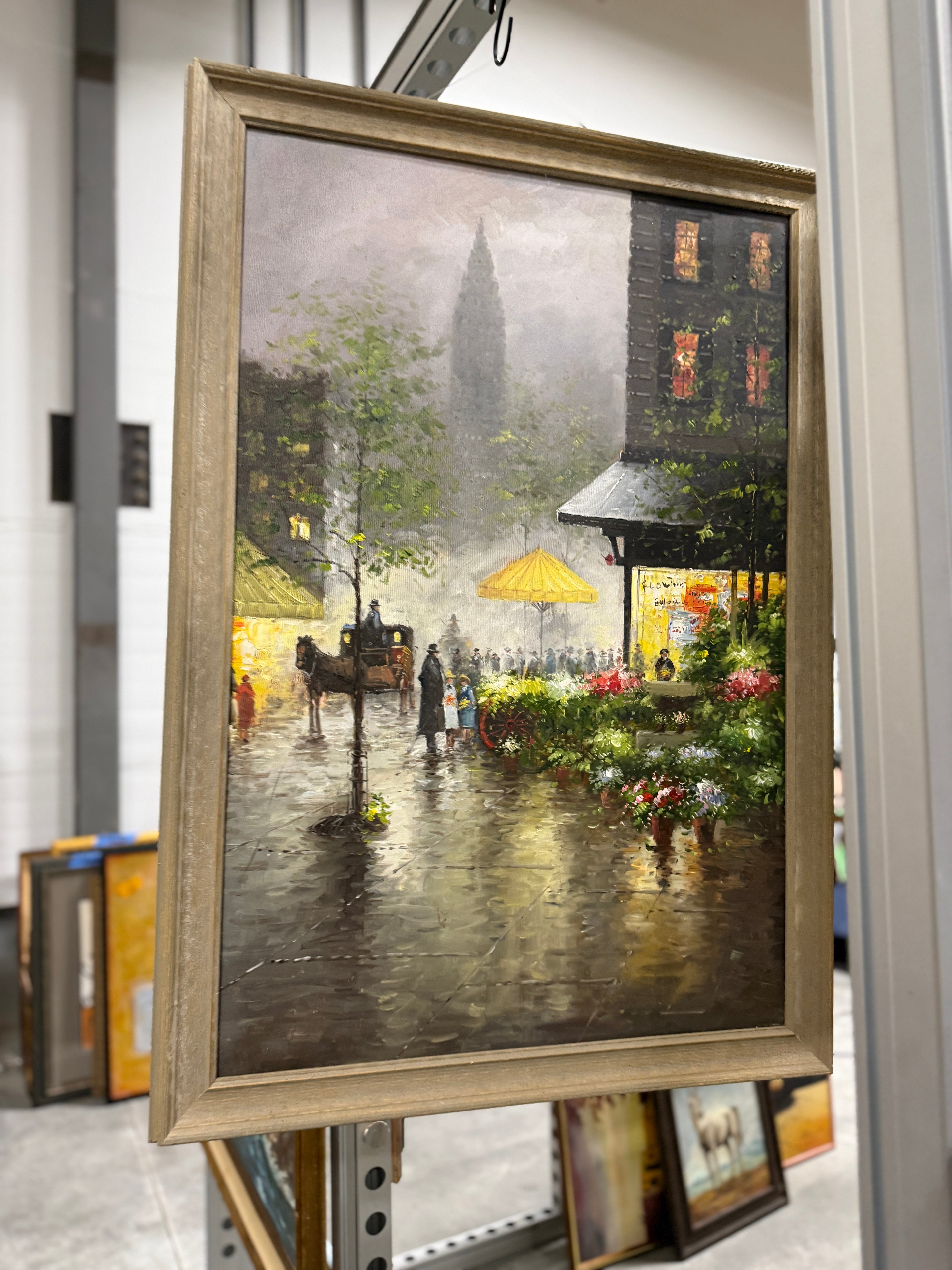 The Flower Market Beneath the Chrysler Building, Oil On Canvas 50 x 28, Unsigned 20th Century