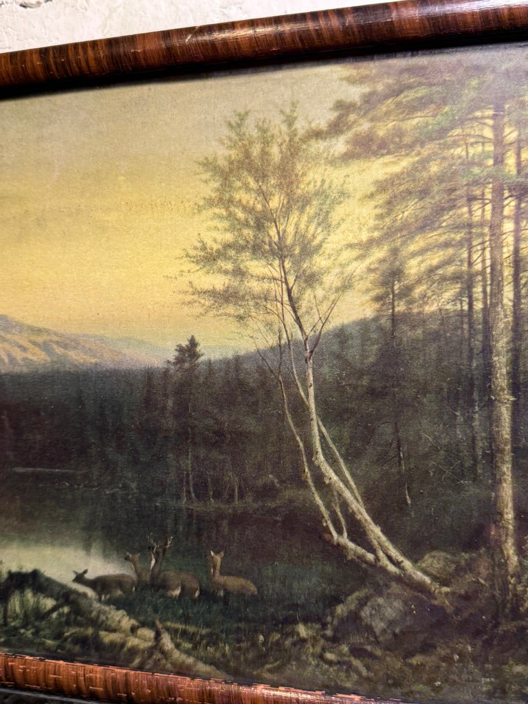 Antique American Tonalist Landscape Print with Deer c.1895–1915