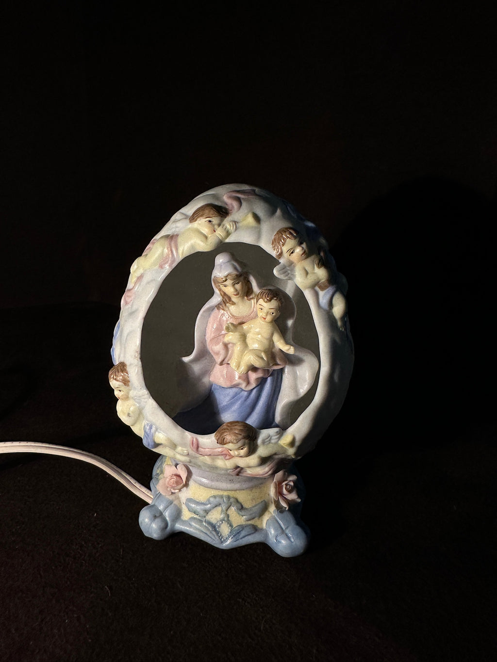 1940s Madonna and Child Ceramic Cherub Devotional Nightlight Lamp