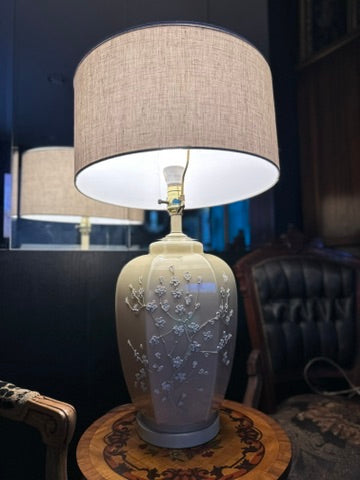 Vintage Embossed Floral Ceramic Table Lamp with Linen Shade | Elegant Neutral Accent Lamp