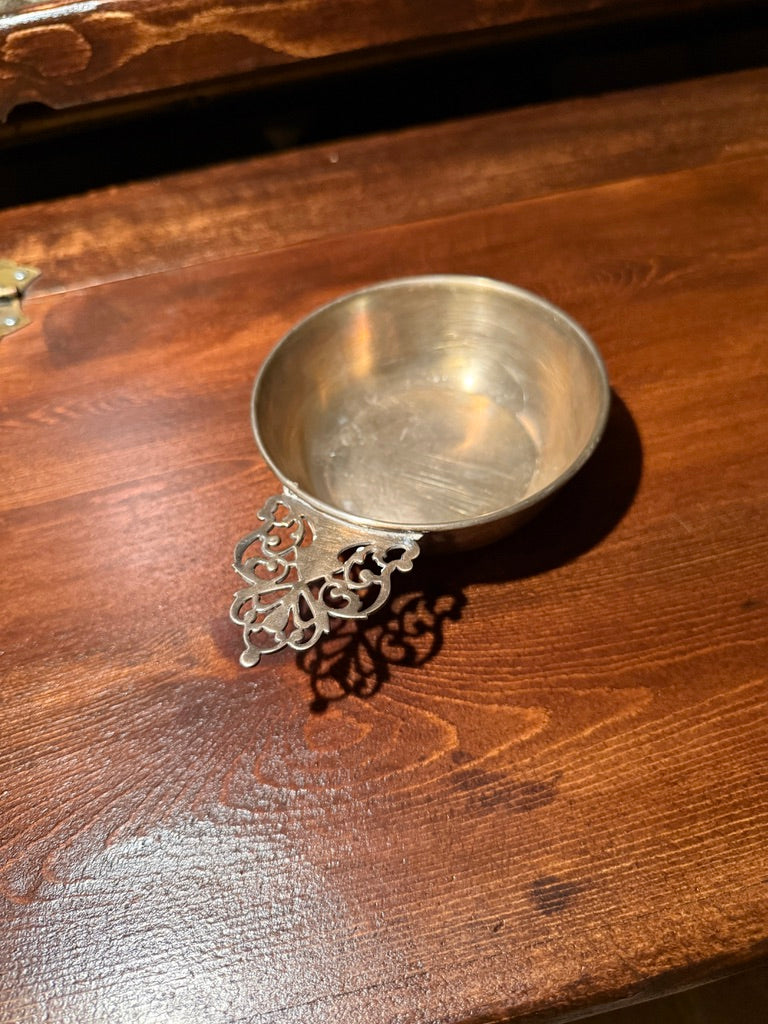 Early 20th Century Silverplate Porringer Bowl with Pierced Scroll Handle, Circa 1920s–1940s