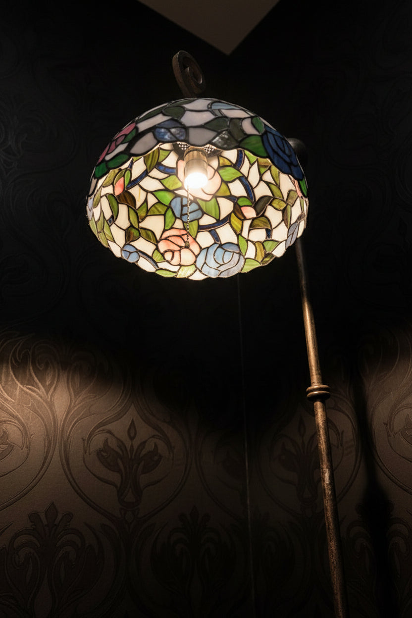 Early 20th Century Tiffany-Style Art Nouveau Floral Stained Glass Bridge Floor Lamp, c. 1920s–1940s