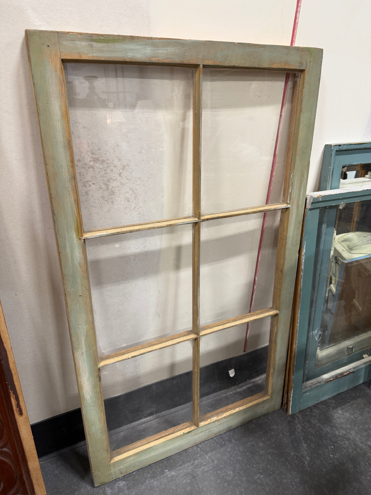 Salvaged Six-Light Wood Window Sash, Weathered Sage Green Paint, American, c. 1900–1940