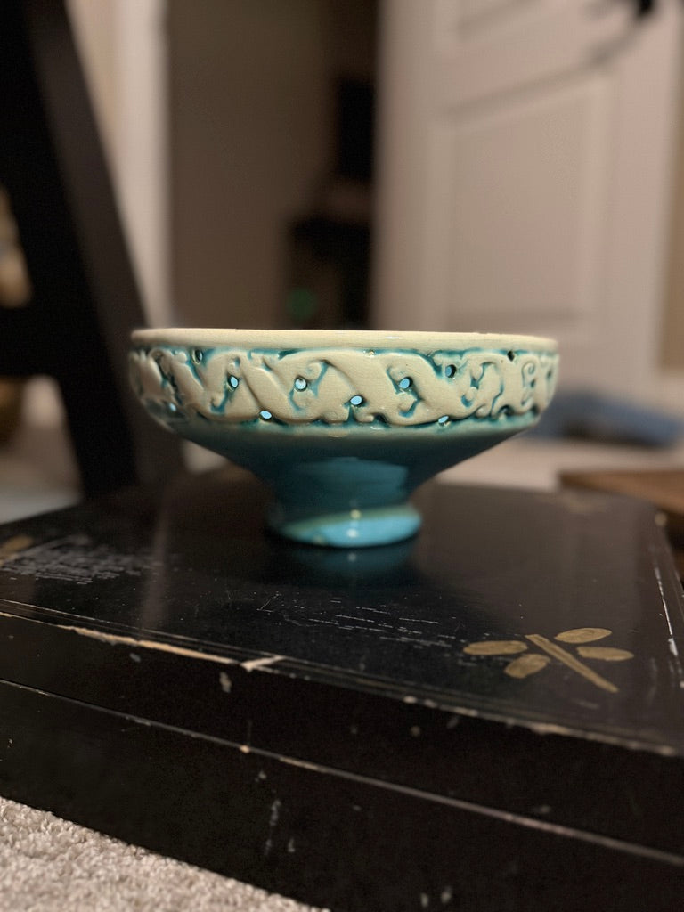 Turquoise Reticulated Footed Ceramic Bowl, c. 1950s–1960s