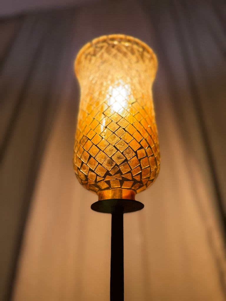 Art Nouveau Amber Mosaic Glass Tulip Lamp on Cast Iron Tripod Base (c.1900–1920)