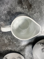 Hand-Painted Porcelain Coffee Pot, Teapot and Creamer with Grisaille Landscapes, Signed Claire and Dated C. Smith 1-84
