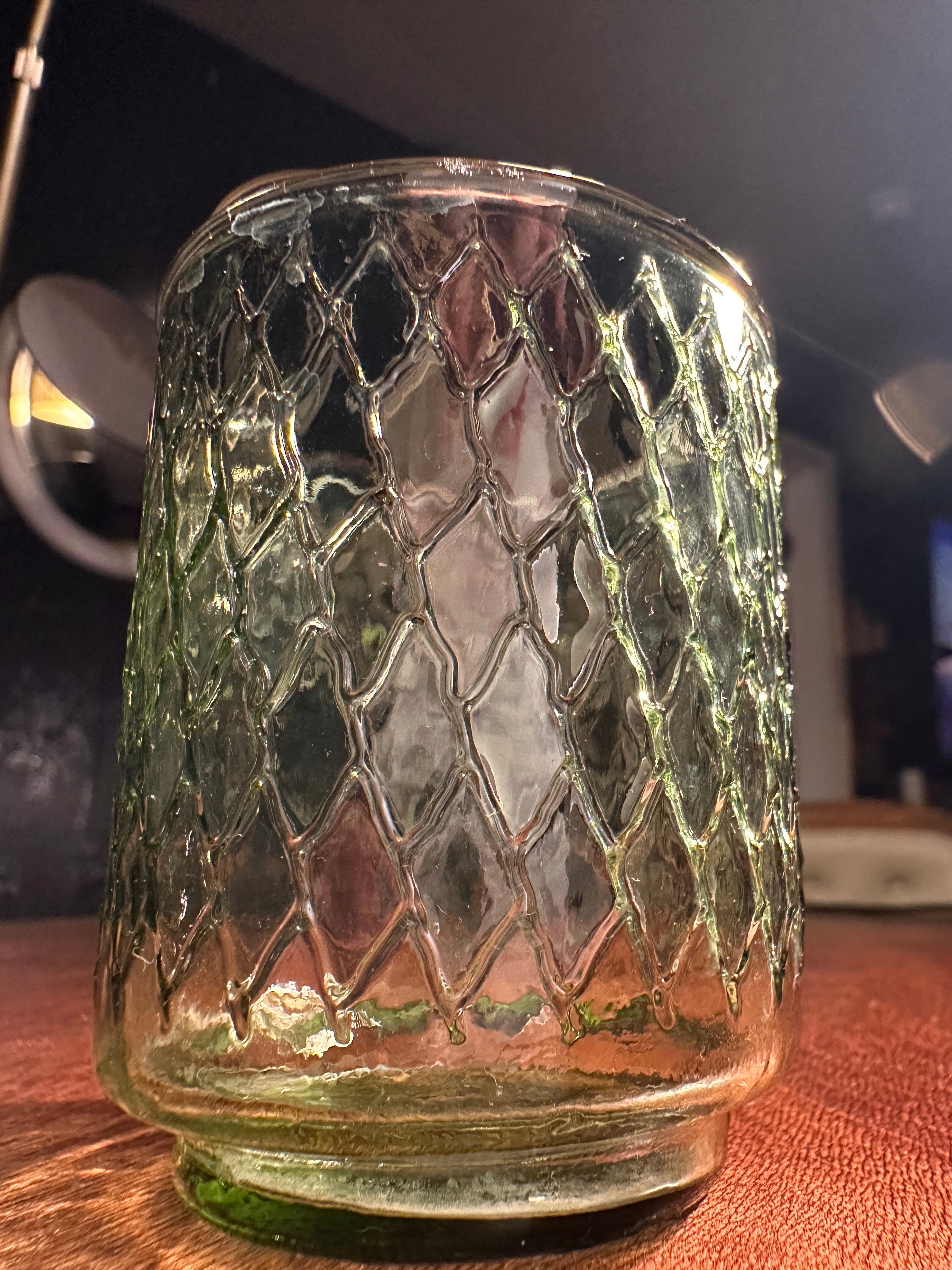 Vintage Pressed Green Glass Votive Holder with Diamond Pattern | Small Antique Glass Tumbler