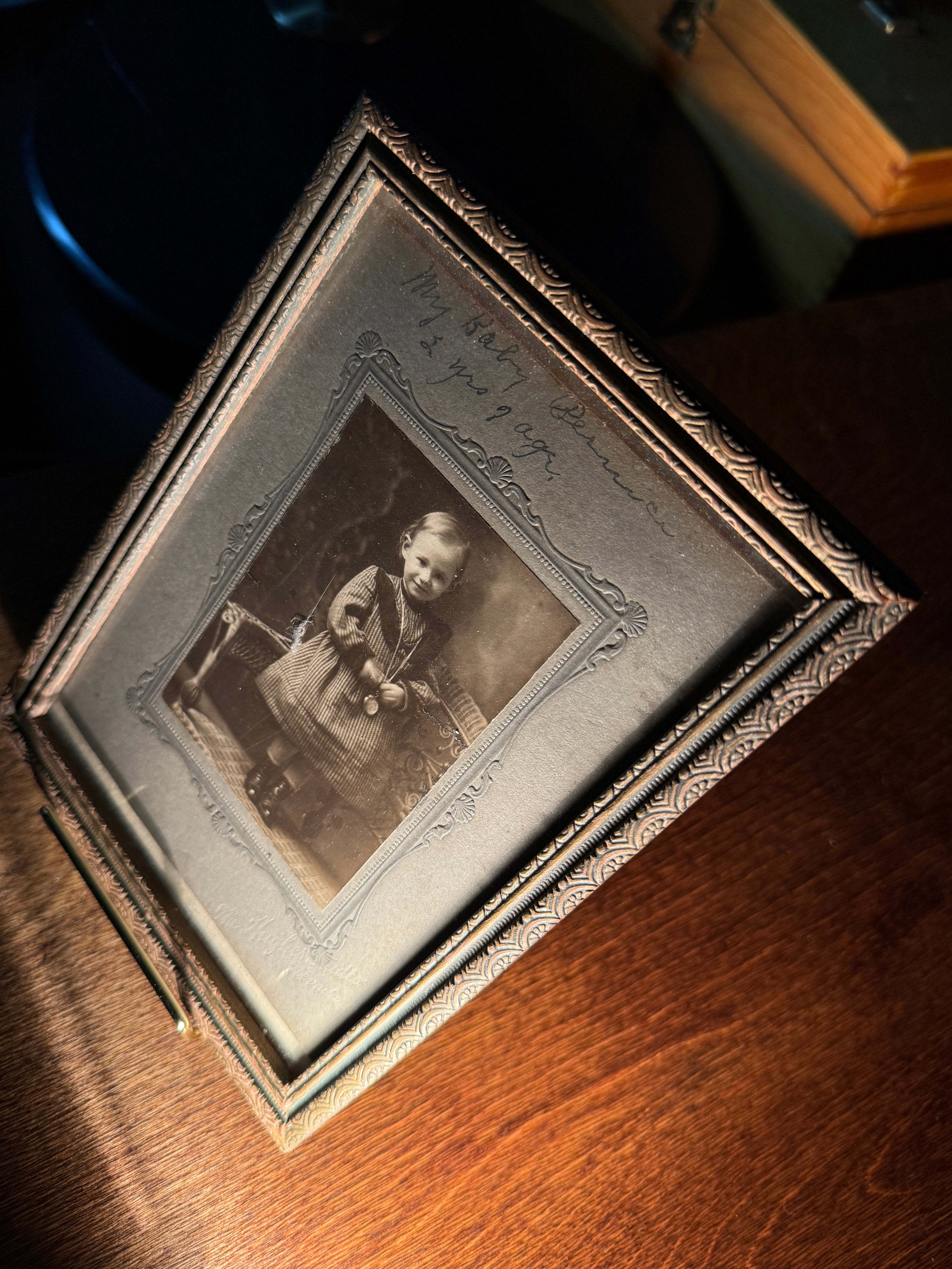 The Hughes Studio “My Baby Bernice” Antique Studio Portrait in Embossed Metal Frame (c. 1910–1920)
