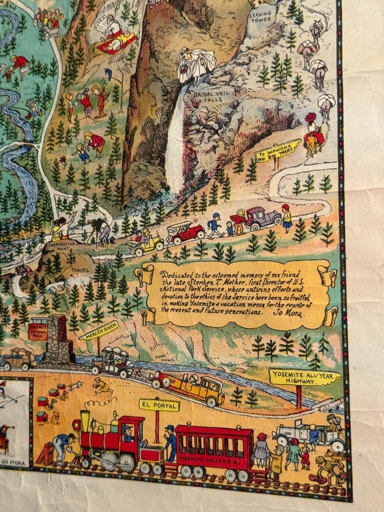 Vintage-style map with illustrations of people and activities in a scenic area.