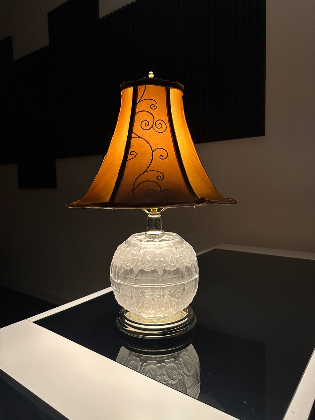 Frosted Glass Rose Globe Table Lamp with Amber Scroll Shade