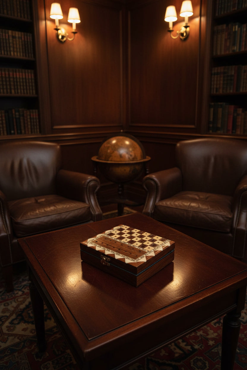 Vintage Inlaid Wood Travel Chess Cribbage Set c.1960s