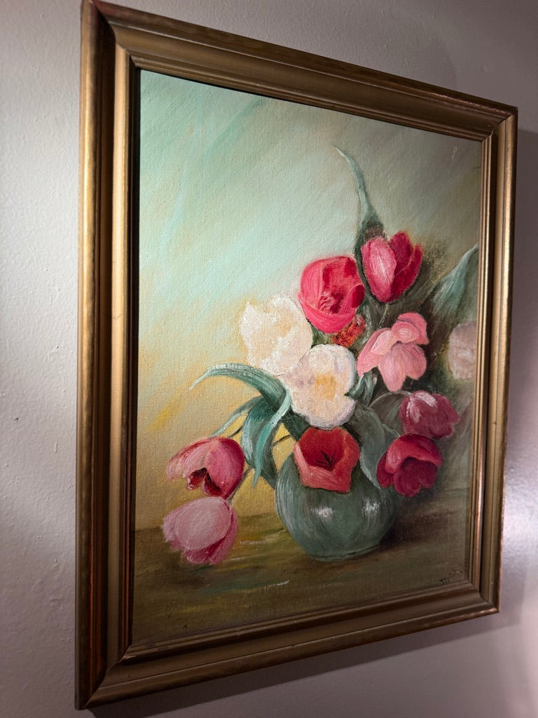 Mid-Century Floral Still Life Oil Painting Signed McAuley (c. 1955)