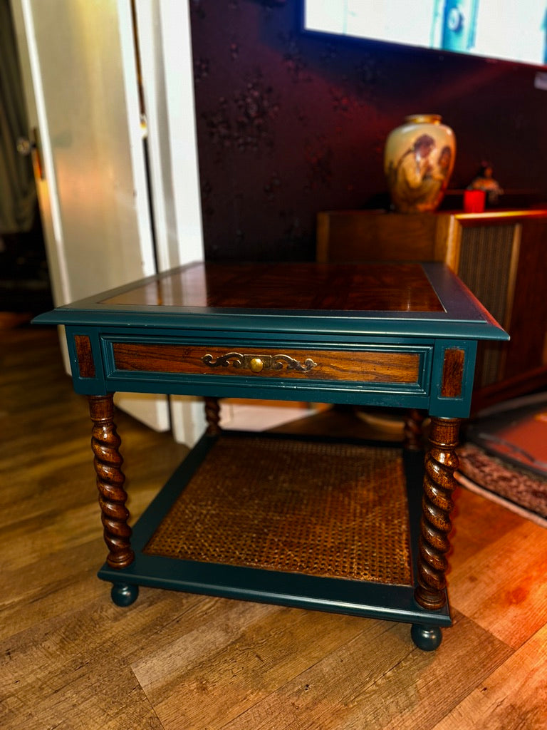 Refurbished Barley Twist Side Table with Cane Shelf