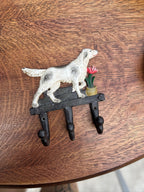 Cast Iron Three-Hook Rack with Hand-Painted English Setter and Potted Tulip, Brazed Hand-Forged Hooks, American, c. 1925–1955