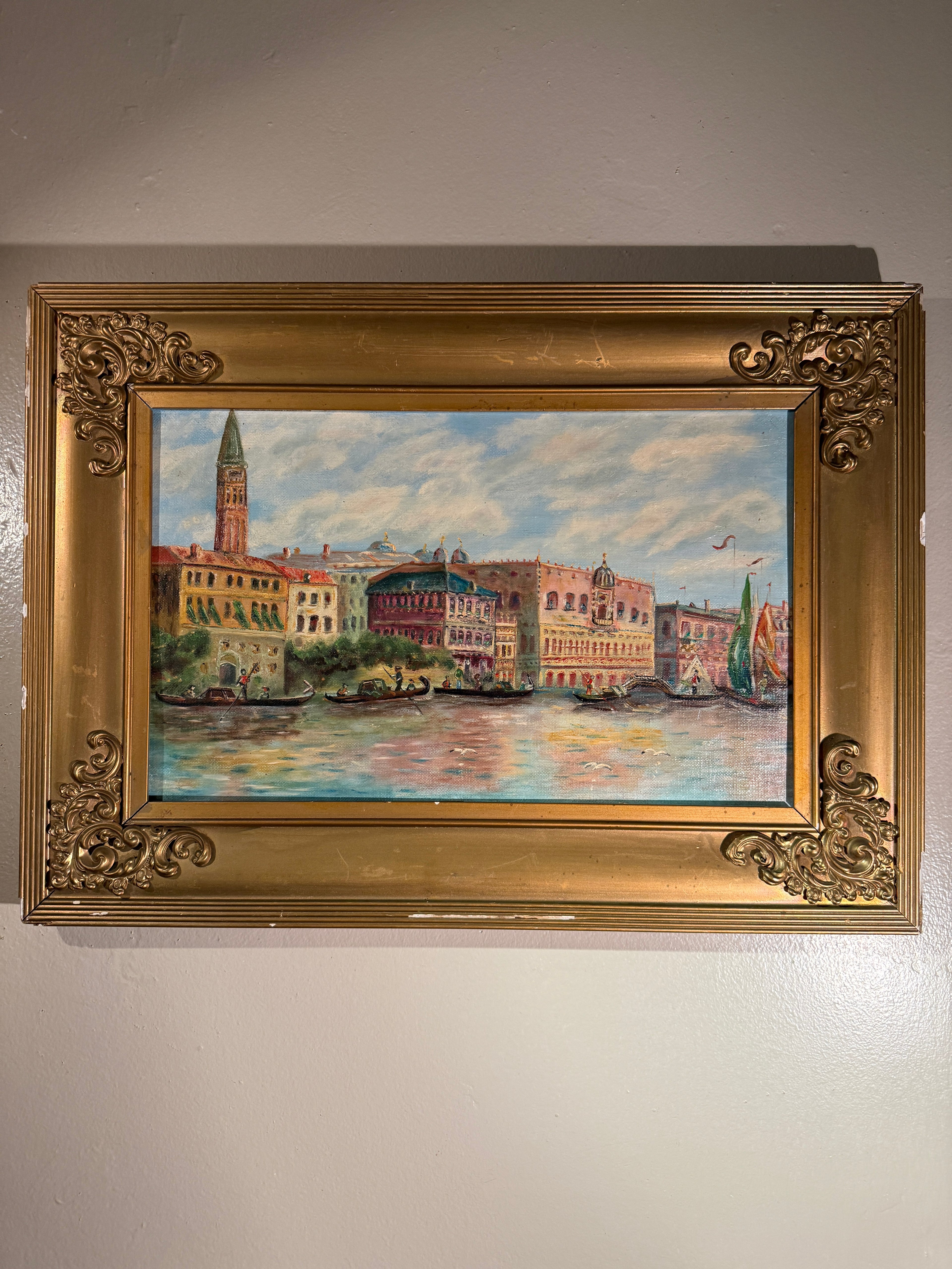 W.H. Gibson Venetian Harbor Oil Painting in Gilt Frame