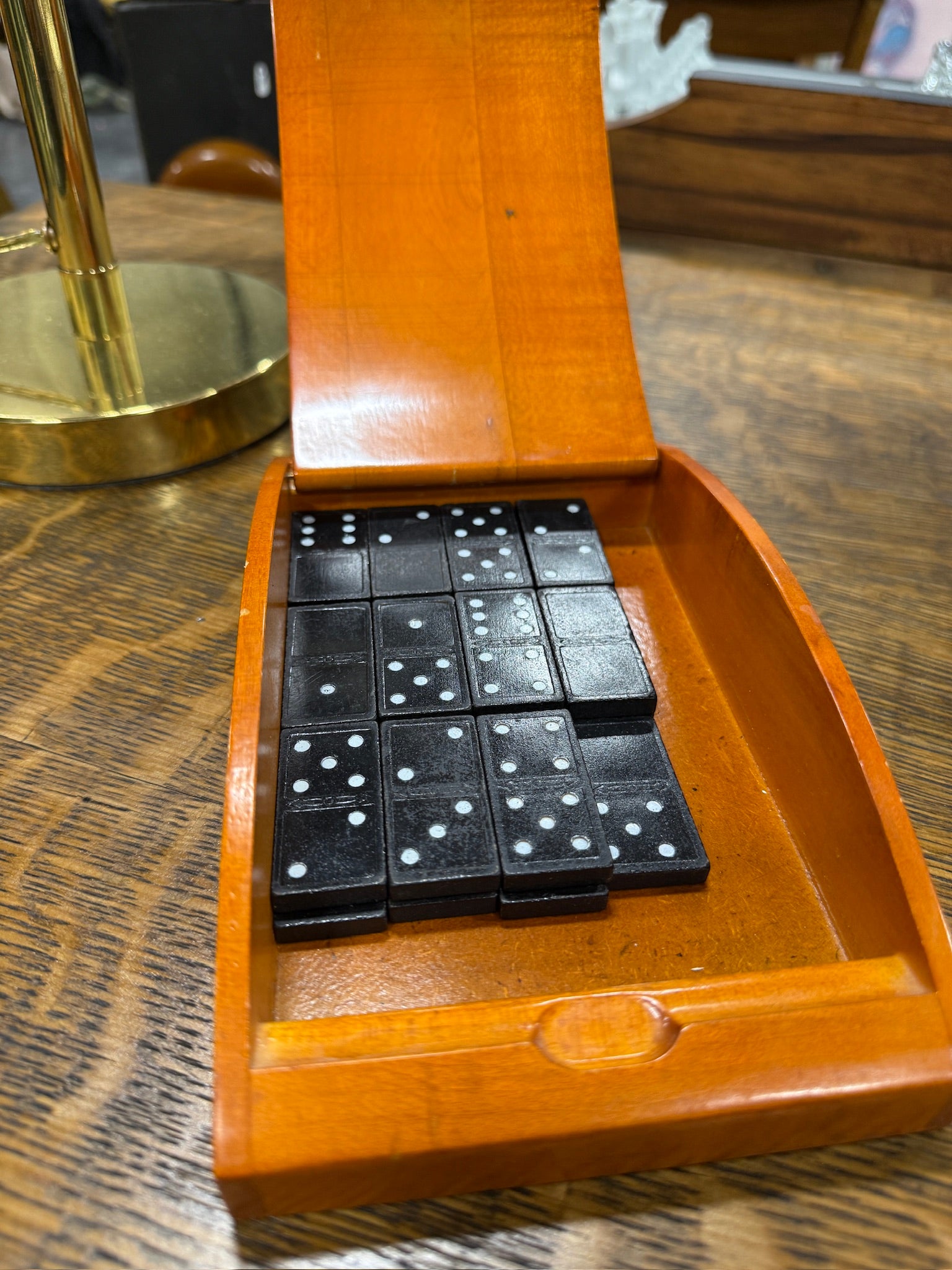 Vintage Black Composition Dominoes With Wooden Roll-Top Box, c. 1940s–1960s