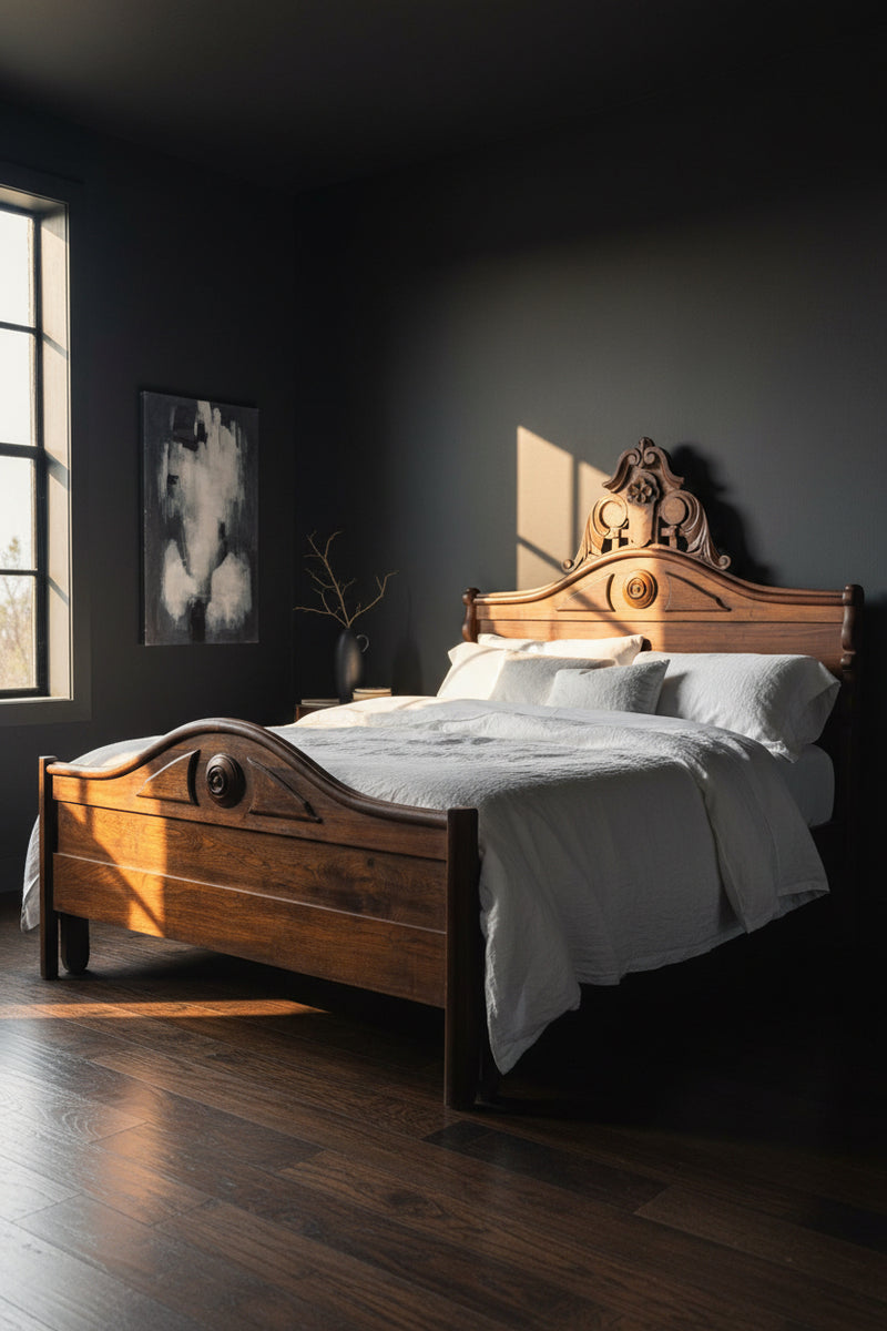 Late 19th-Century Victorian Eastlake Walnut & Burl Bed with Carved Floral Crest, c. 1880