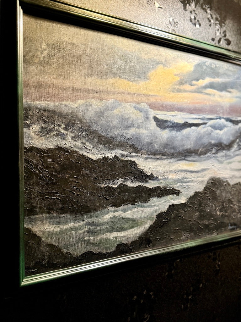 Signed Simmons Coastal Seascape Oil Painting (20th Century) – Impasto Shoreline Scene