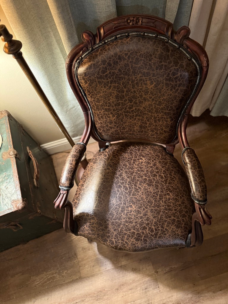 Antique Victorian Armchair Reupholstered in Distressed Brown Leather c. 1880–1900