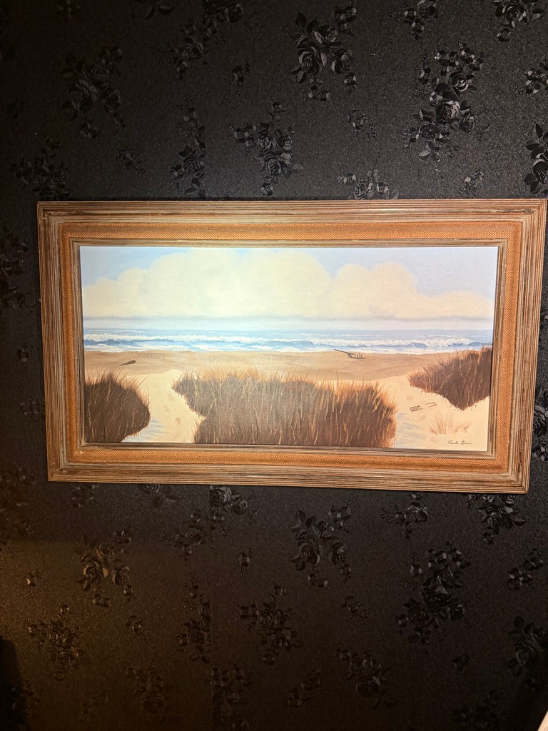 Mid-Century Coastal Landscape Oil Painting by Paula Beam | Framed Seascape on Canvas
