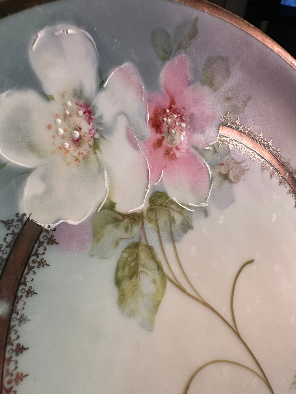 Antique Hand-Painted Porcelain Dessert Plate with Raised Enamel Flowers, c. 1900–1920