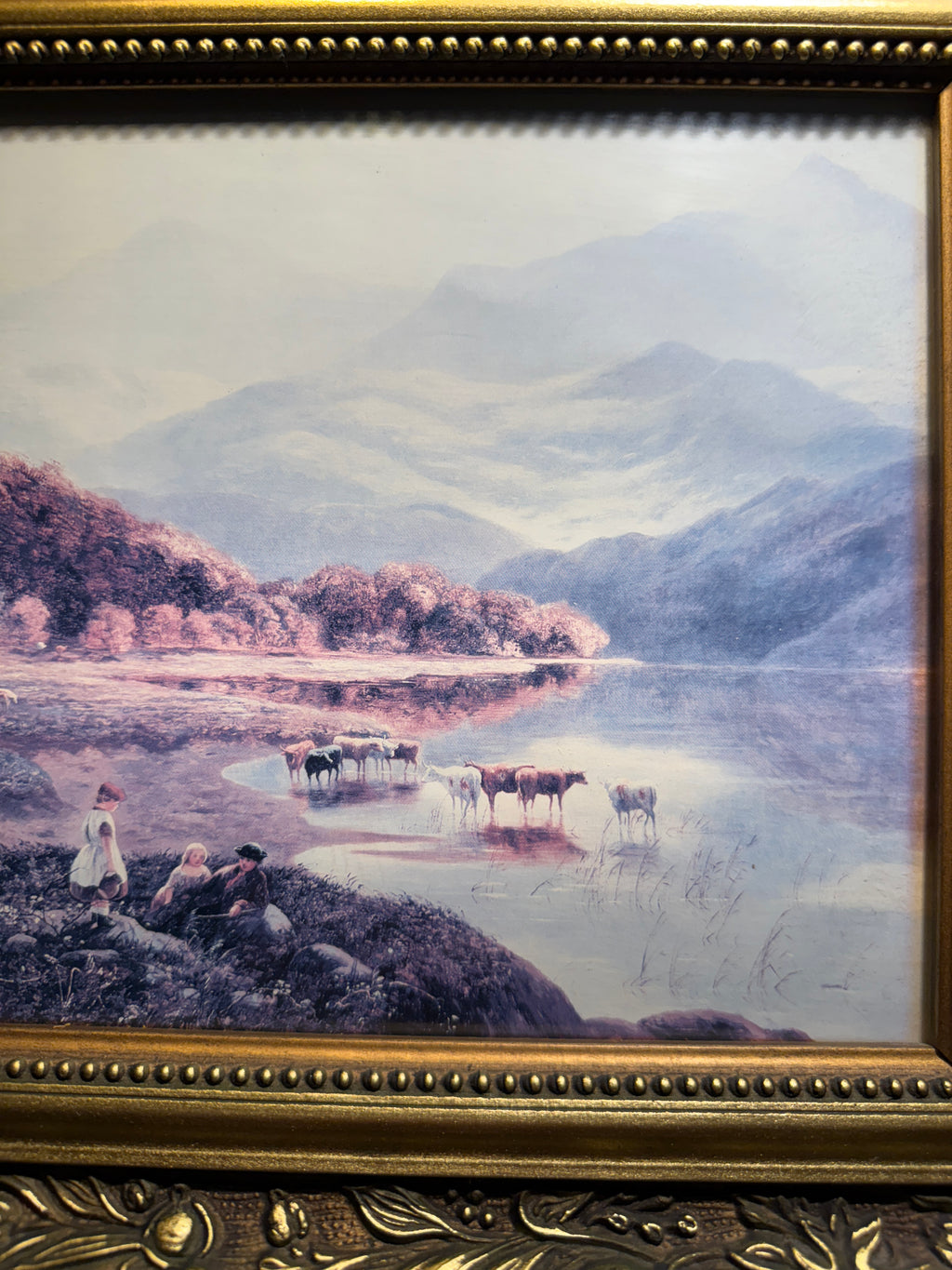 Antique Pastoral Landscape Chromolithograph (c. 1890–1910) | Ornate Gilt Framed Print