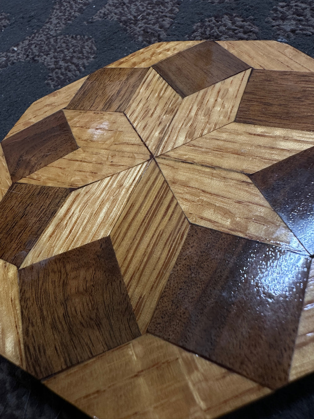 French Parquetry Wood Trivet, c. 1960s | Geometric Cube Inlay Hot Plate