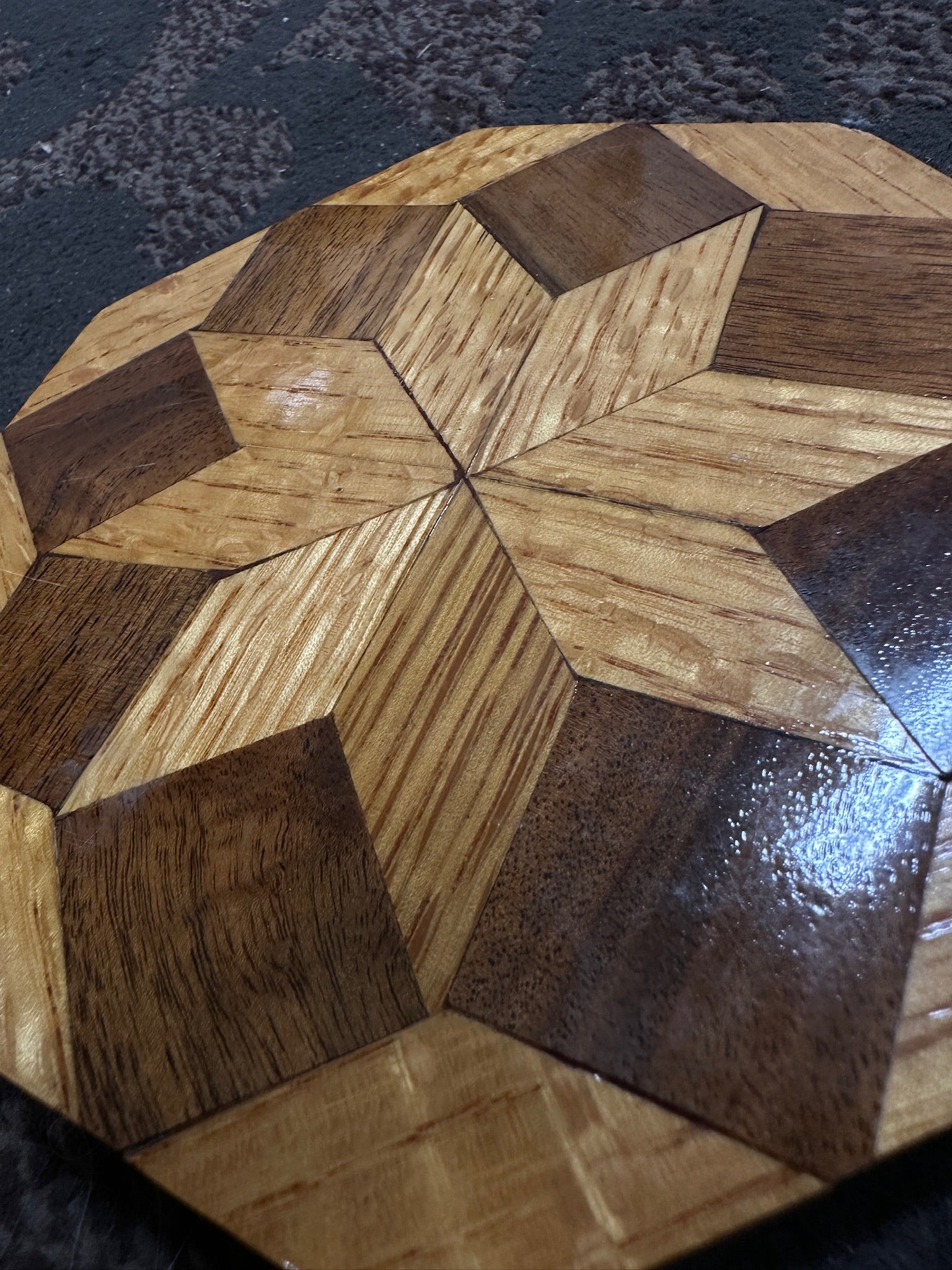 French Parquetry Wood Trivet, c. 1960s | Geometric Cube Inlay Hot Plate