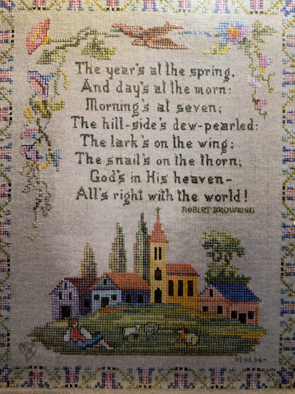 The Year’s at the Spring, Turner Manufacturing Co., Robert Browning Verse Sampler, Framed Textile Wall Accessory, 1973