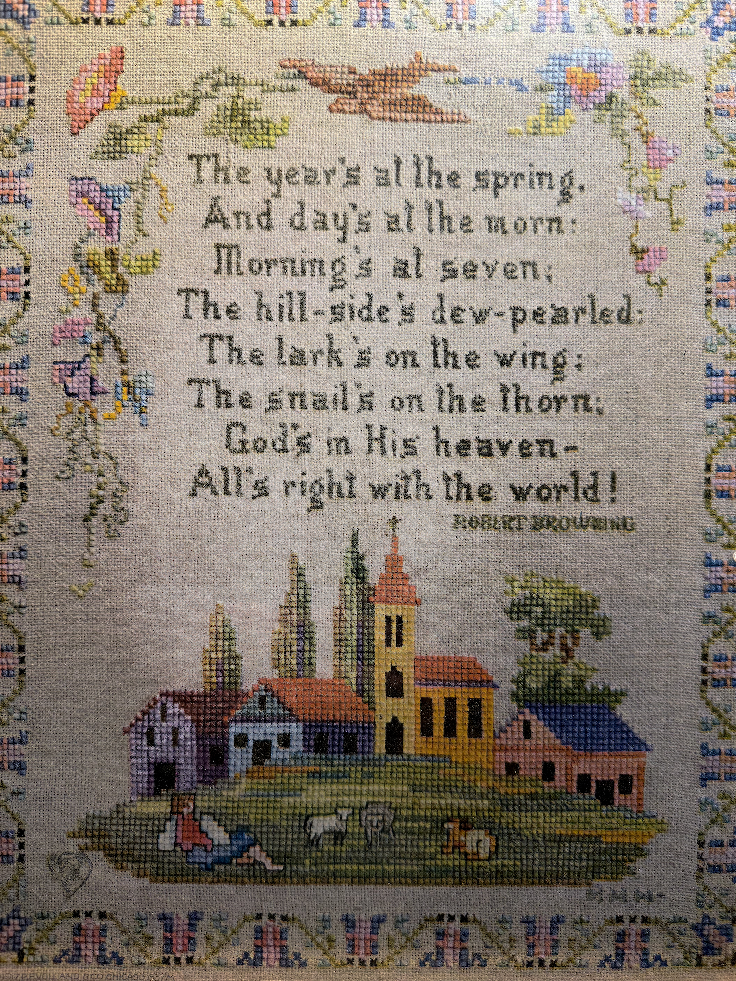 The Year’s at the Spring, Turner Manufacturing Co., Robert Browning Verse Sampler, Framed Textile Wall Accessory, 1973