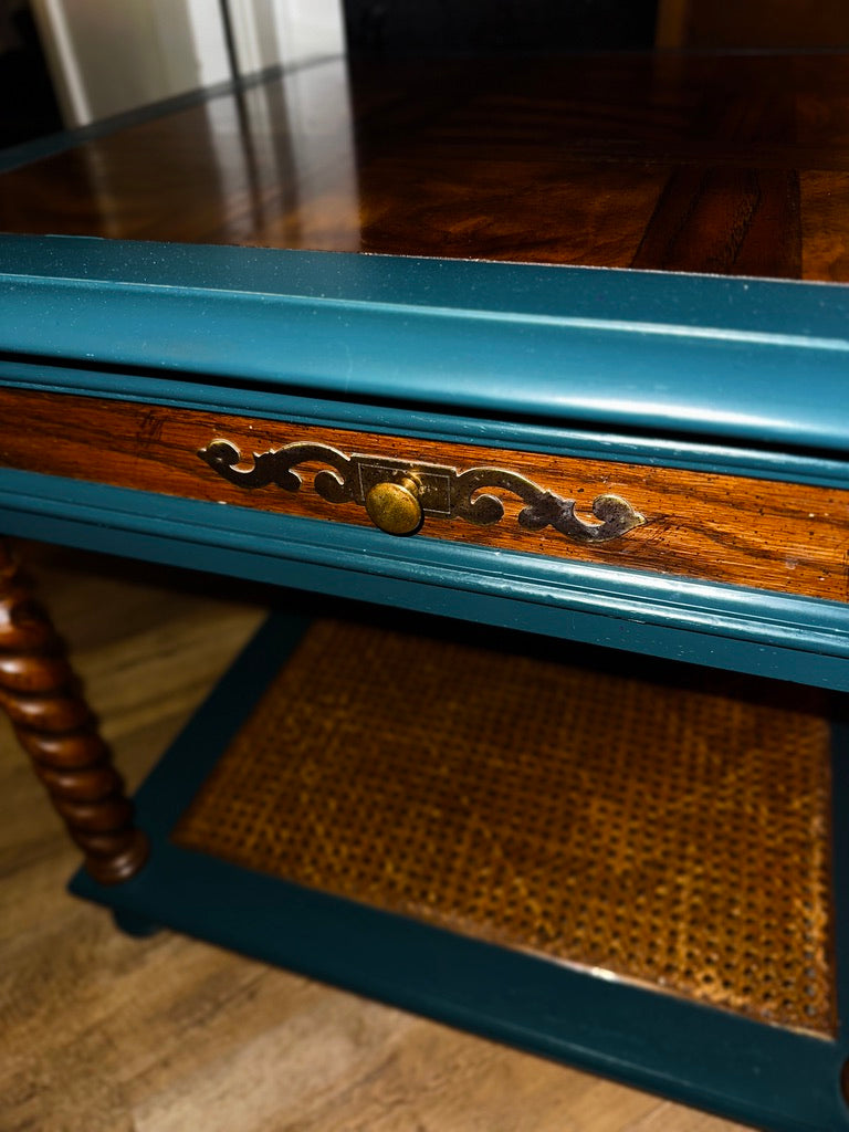 Refurbished Barley Twist Side Table with Cane Shelf