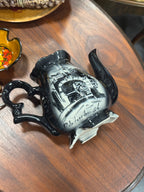 Hand-Painted Mexican Pottery Teapot, Grisaille View of the Puente de Tepetapa Lettered by the Painter, Black Glaze with Scalloped Rim and Foot, Guanajuato, Mid-20th Century