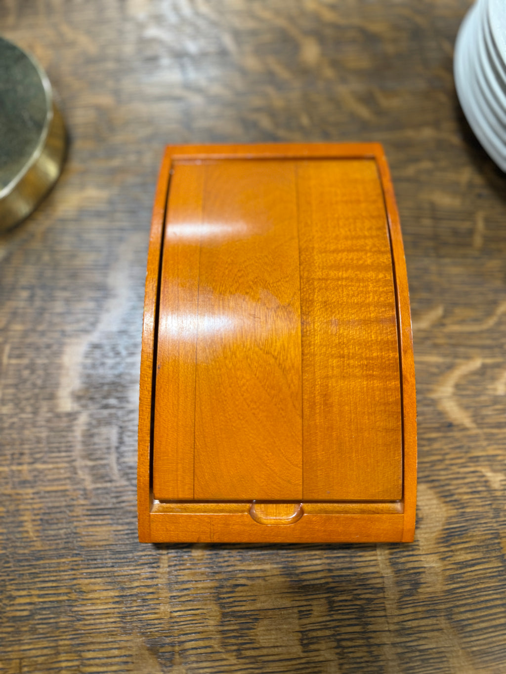 Vintage Black Composition Dominoes With Wooden Roll-Top Box, c. 1940s–1960s