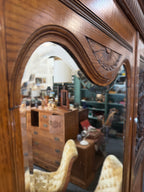 Antique Edwardian Art Nouveau Carved Oak Triple Wardrobe, Bevelled Mirror Door, Poppy and Bird-Head Panels, c. 1900–1910