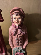 Three Hand-Painted Victorian Caroler Figures, Elongated Folk-Art Modelling with Dry-Brushed Antique Finish, Muffs, Bonnets and a Bell-Hung Wreath, Sold as a Set, c. 1985–2000