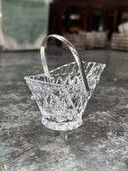 Cut Crystal Basket with Diamond and Fan Pattern, Star-Cut Base and Silver-Plate Swing Handle, c. 1950–1990