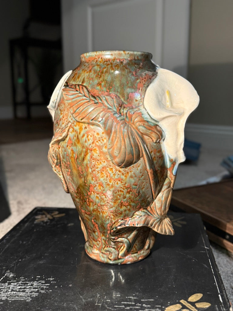 Calla Lilies in Copper Green, Signed Doyle Ceramic Vase