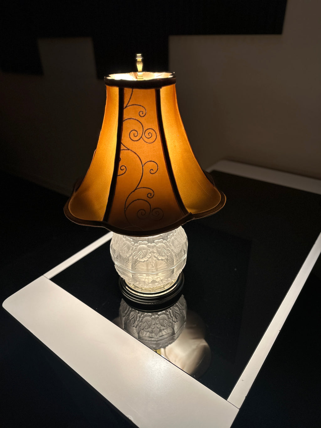 Frosted Glass Rose Globe Table Lamp with Amber Scroll Shade