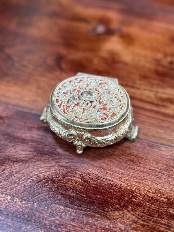 Antique Gilt Metal Jewelry Casket, Reticulated Rose Lid, c. 1900–1925