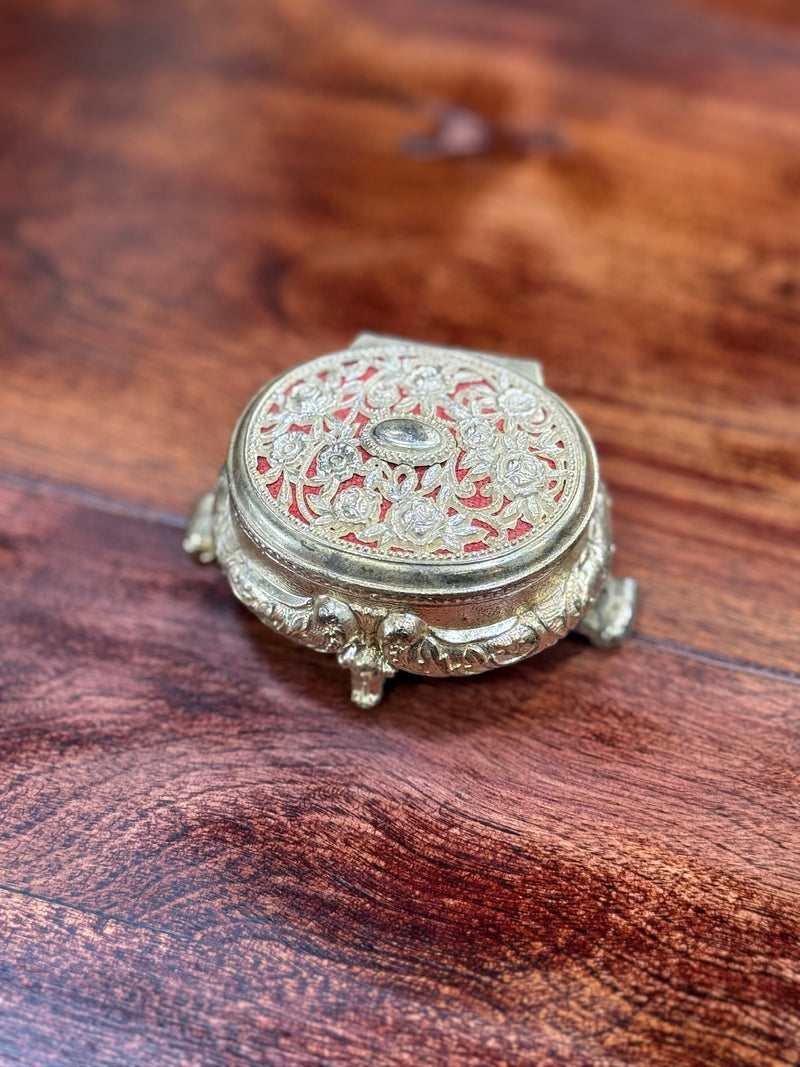 Antique Gilt Metal Jewelry Casket, Reticulated Rose Lid, c. 1900–1925