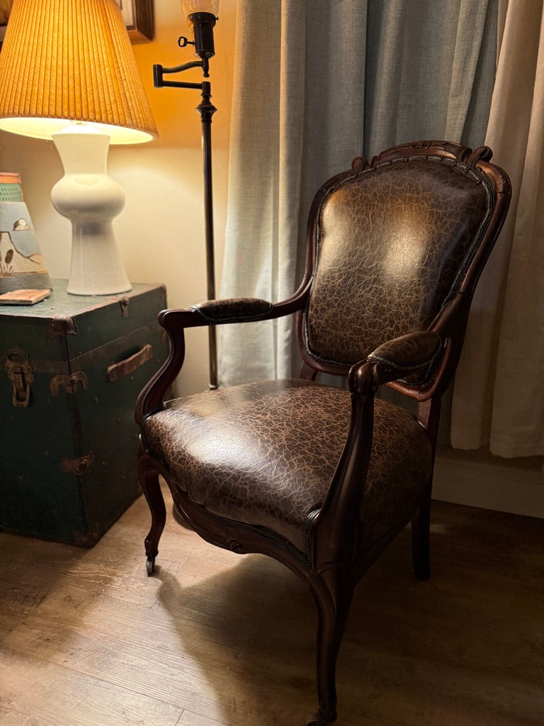 Antique Victorian Armchair Reupholstered in Distressed Brown Leather c. 1880–1900