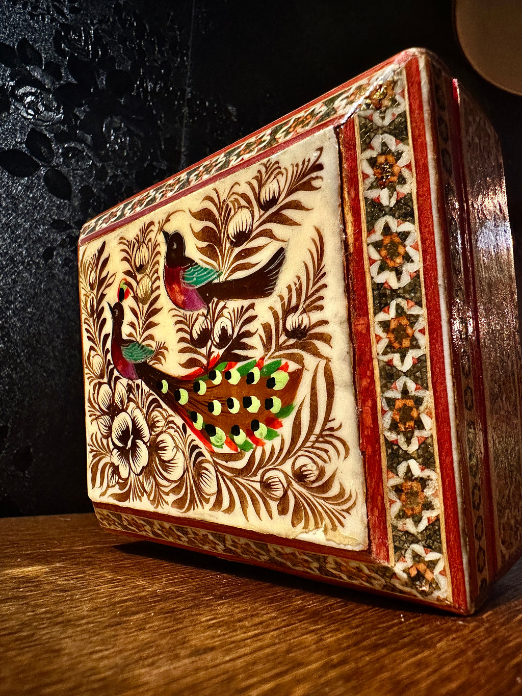 Handcrafted Indian Sadeli-Style Inlaid Trinket Box with Painted Bird Motif