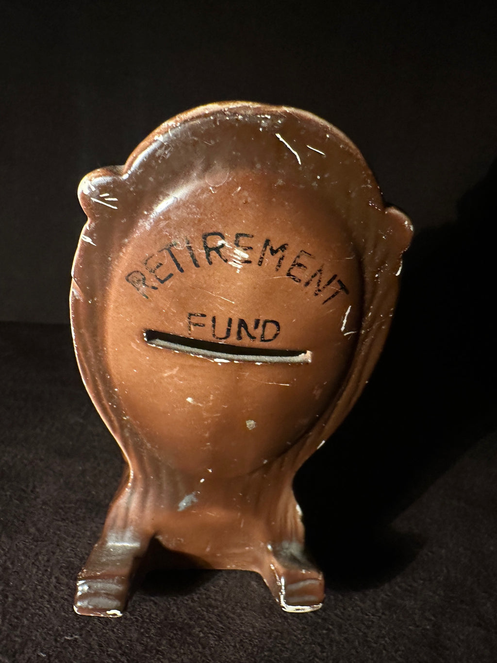 Ceramic “Retirement Fund” Coin Bank with Grandpa and Dog, c. 1960s–1970s
