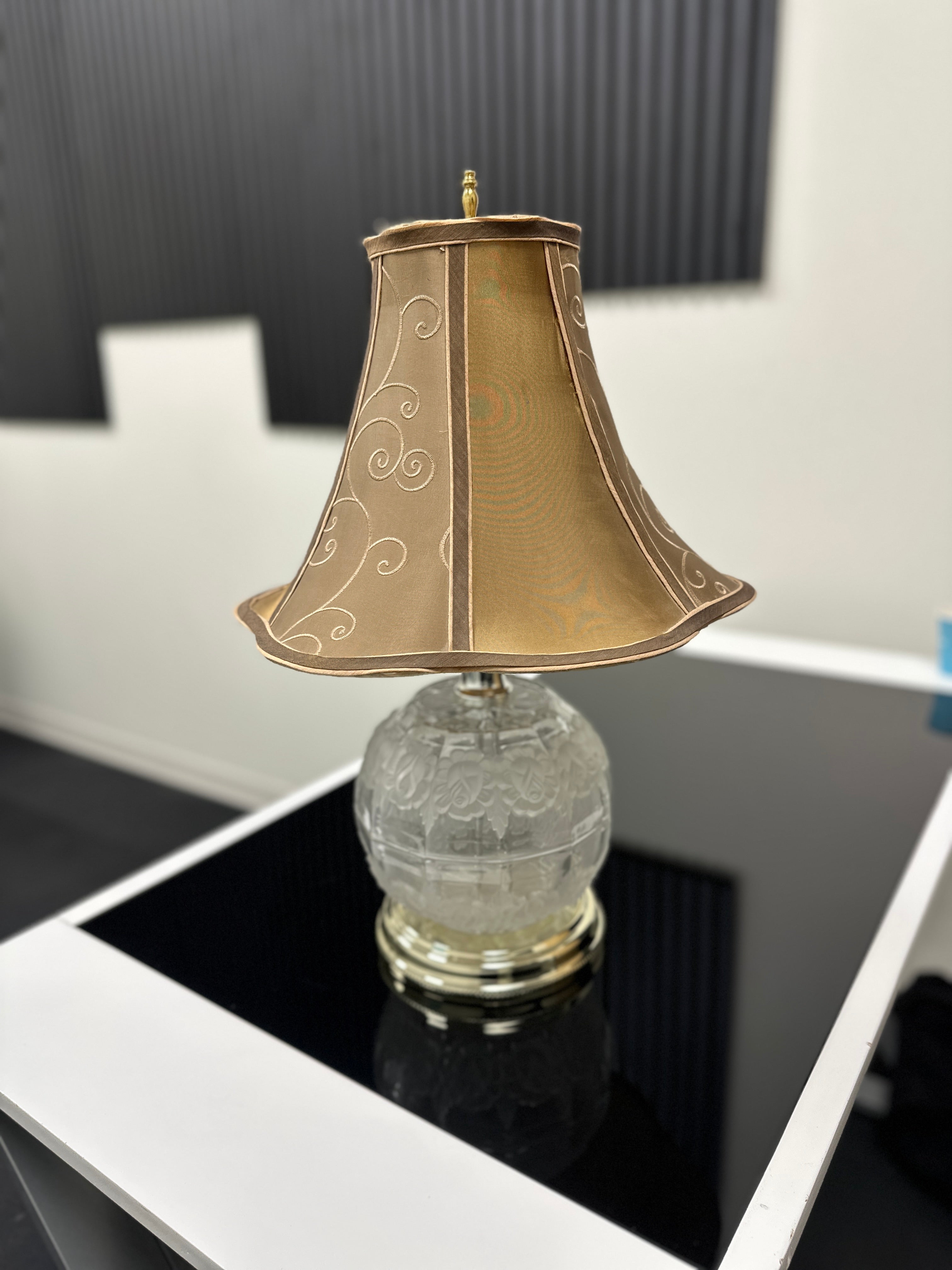 Frosted Glass Rose Globe Table Lamp with Amber Scroll Shade