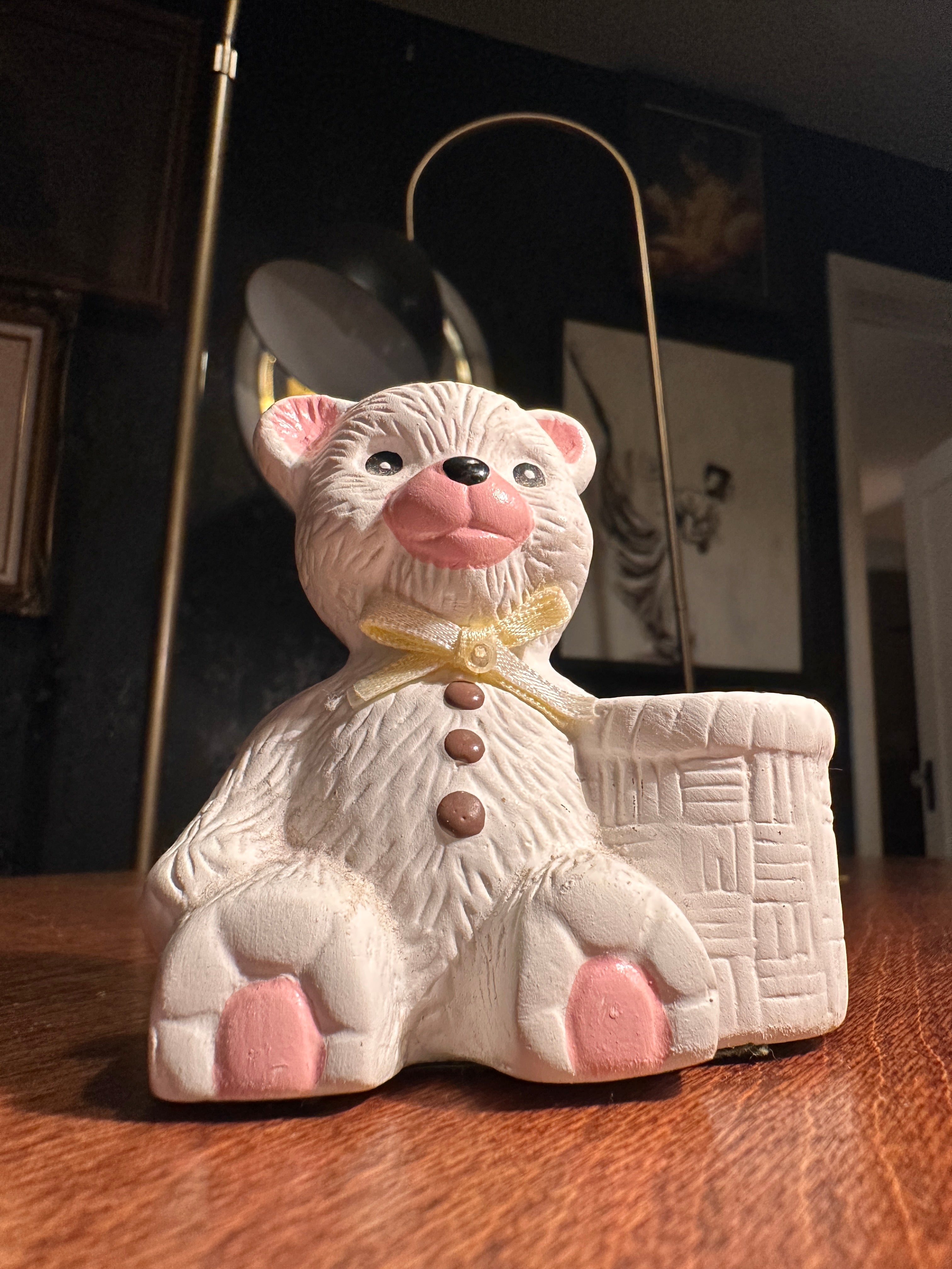 Vintage Teddy Bear Figurine with Basket Candle Holder, Mid-20th Century Nursery Decor