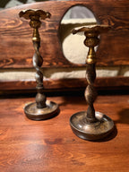 Pair of 1940s Jacobean Revival Barley Twist Wood &amp; Brass Candlesticks