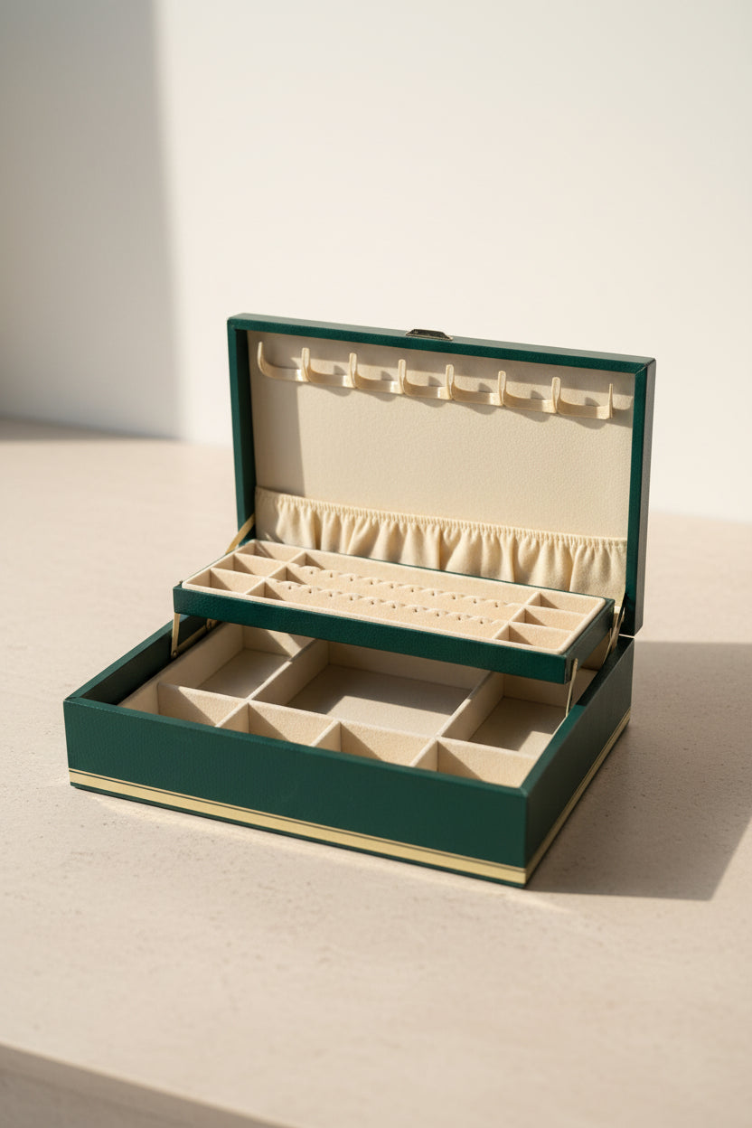Vintage Mele Jewelry Box, Emerald Green with Ivory Interior, c. 1950–1970