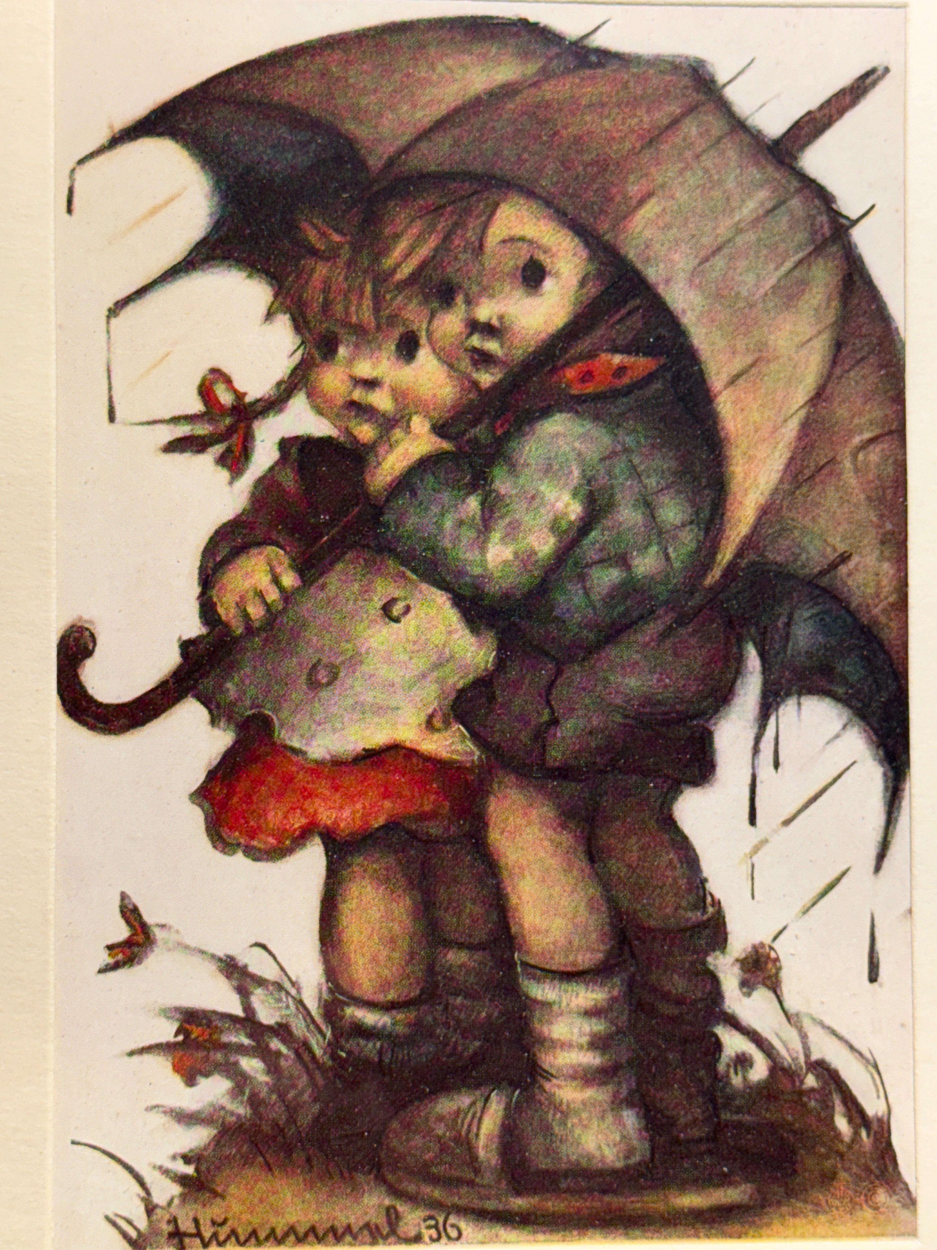 Berta Hummel Children Under Umbrella Prints (1931 & 1936) | Antique German Illustration Pair