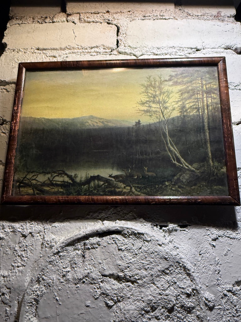 Antique American Tonalist Landscape Print with Deer c.1895–1915