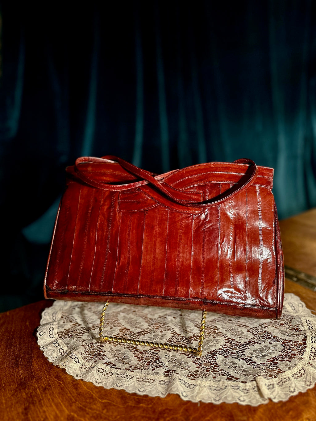 Burgundy Genuine Eel Skin Shoulder Bag, c. 1970s